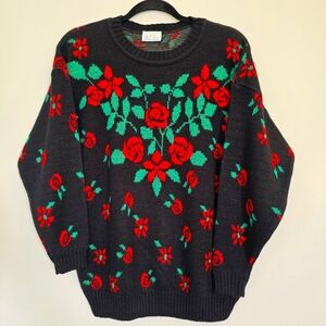 Vtg‎ 1980s Floral Sweater GFC Medium Metallic Yarn Roses Red Green Christmas.D65